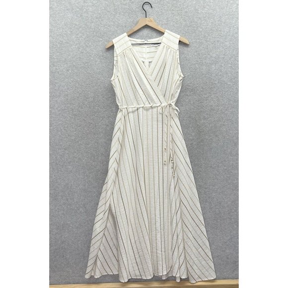 Calvin Klein Dresses & Skirts - Calvin Klein Dress Womens 10 Ivory Gold Striped Maxi Wrap Tassel Tropical